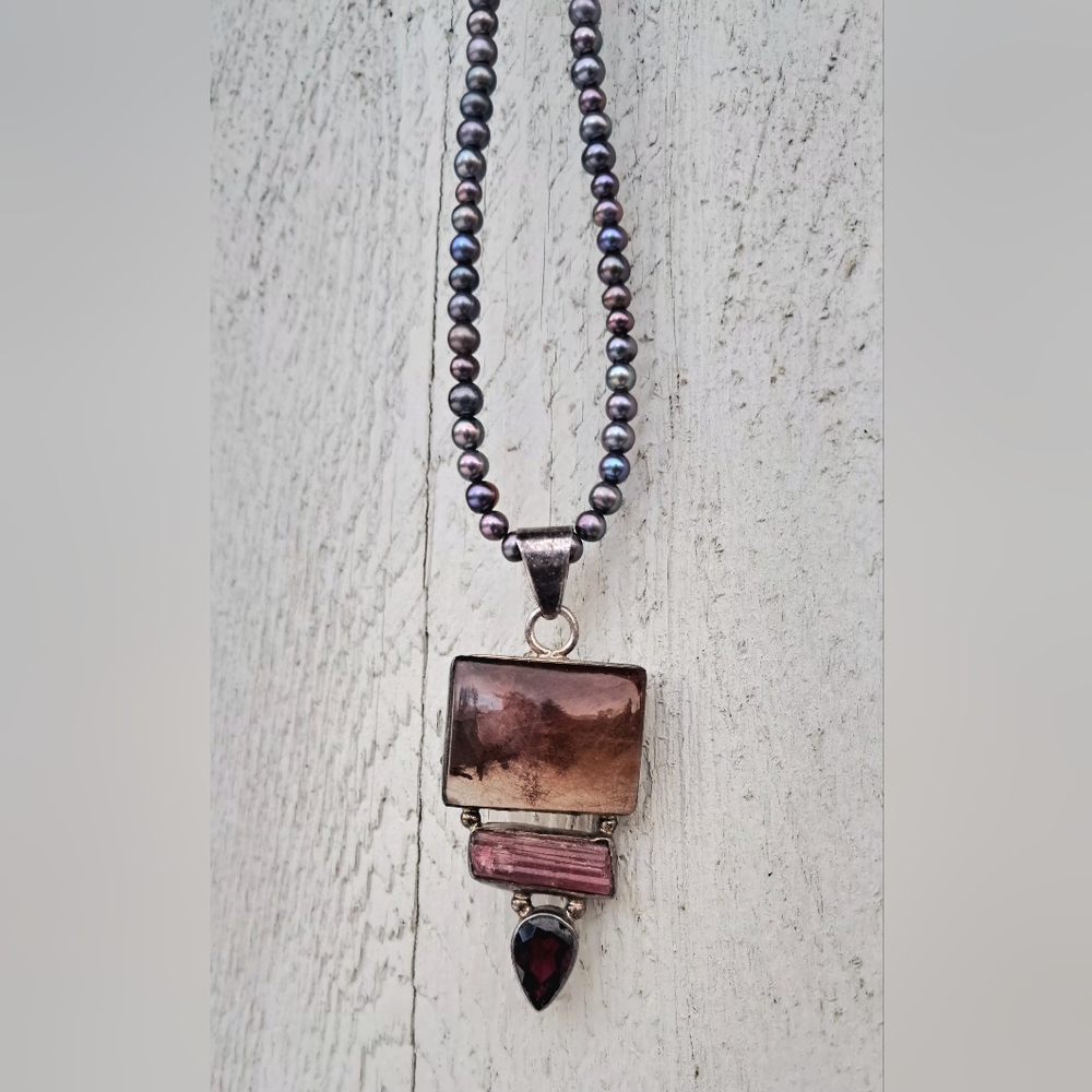 Vintage Genuine Pearl Necklace With 925 Sterling Silver Gemstone Pendant